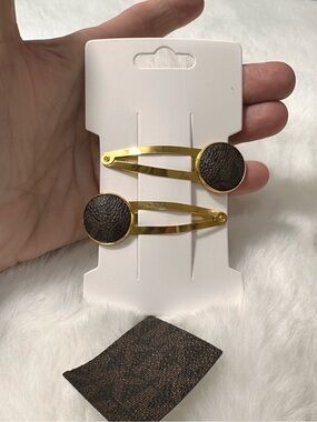 Michael Kors upcycled Gold Hair Clips with Dark Brown Leather Accent